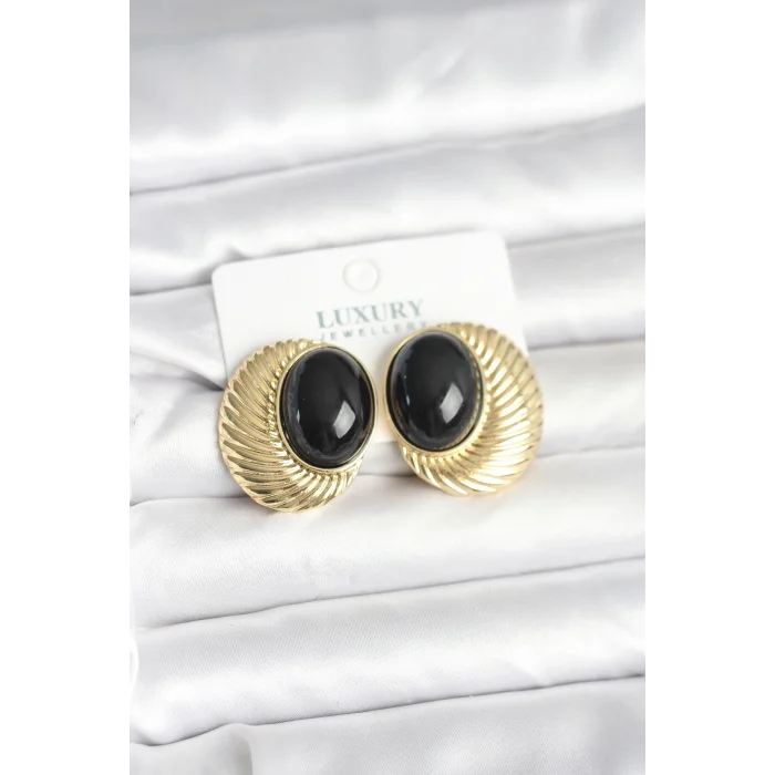 Pirinç Gold Renk Siyah Boncuklu Oval Vintage Kadın Küpe