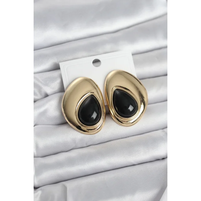 Pirinç Gold Renk Siyah Taşlı Damla Model Vintage Kadın Küpe