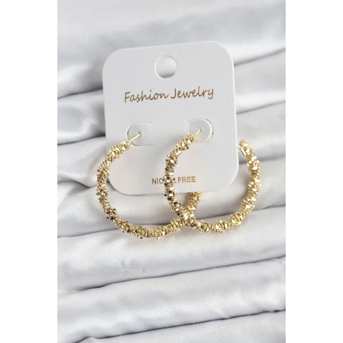 Pirinç Gold Renk Tırtıklı Halka Model Kadın Küpe