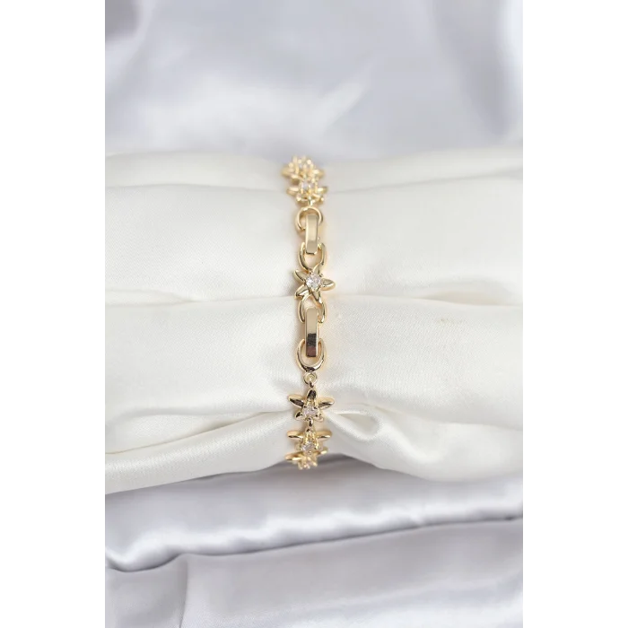 Pirinç Gold Renk VIP Seri Sıralı Taşlı Yıldız Model Zirkon Taşlı Kadın Bileklik