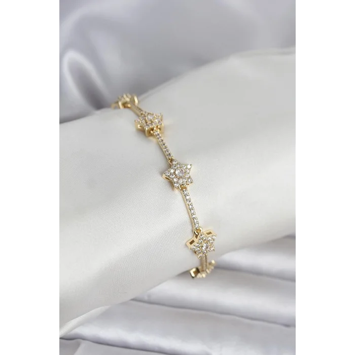 Pirinç Gold Renk Yıldız Model Zirkon Taşlı Kadın Bileklik