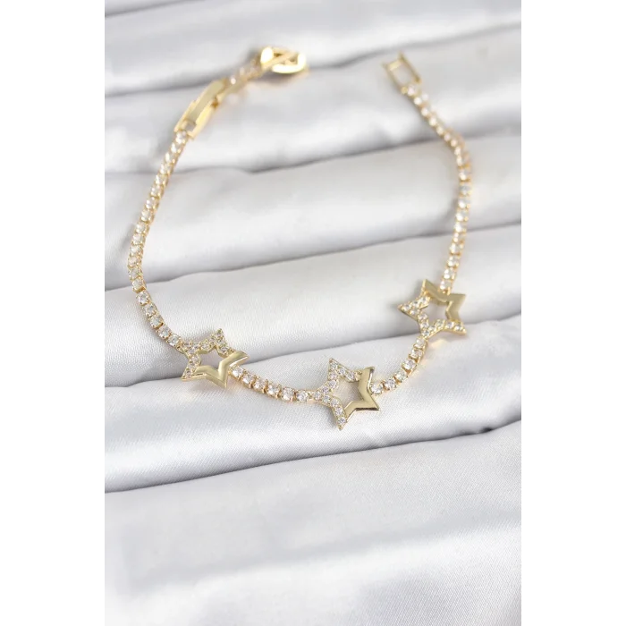 Pirinç Gold Renk Yıldız Model Zirkon Taşlı Su Yolu Kadın Bileklik