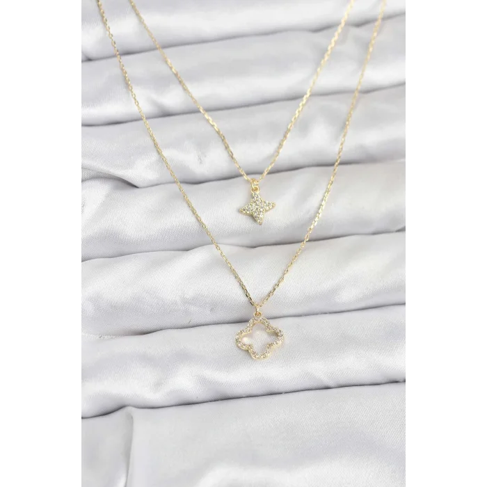 Pirinç Gold Renk Yonca Model 2li Kadın Kolye