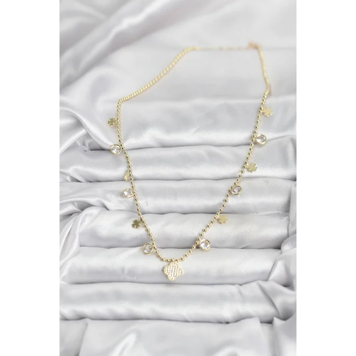 Pirinç Gold Renk Yonca Model Kadın Kolye