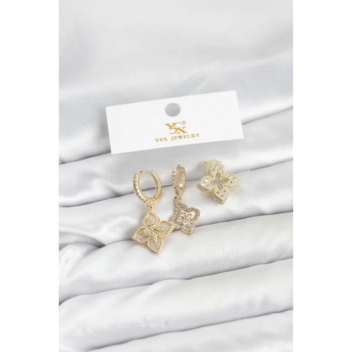 Pirinç Gold Renk Yonca Model YSX Trio Küpe Seti