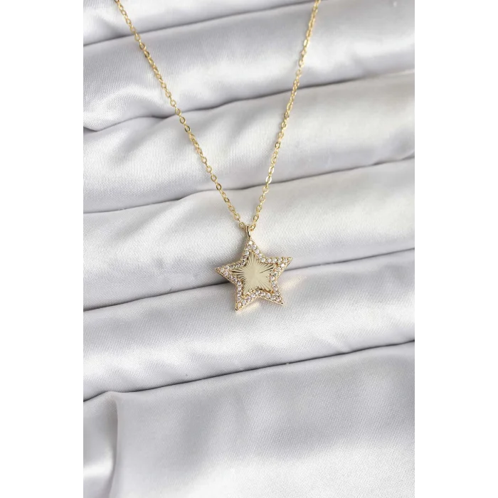 Pirinç Gold Renk Zincirli Yıldızlı Model Kadın Kolye