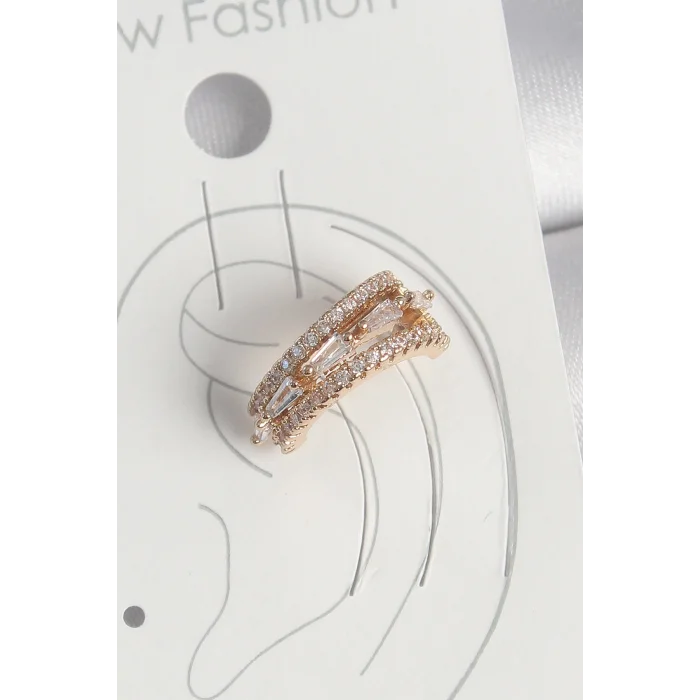 Pirinç Gold Renk Zirkon Taşlı 3Lü Sıralı Model Kadın Kıkırdak Küpe