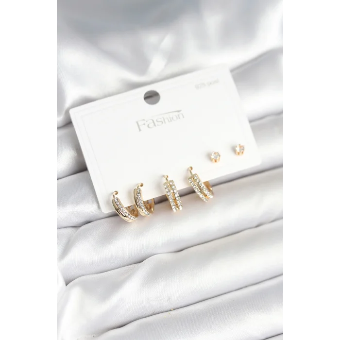 Pirinç Gold Renk Zirkon Taşlı 925 Gümüş Çivili Kadın Küpe Seti