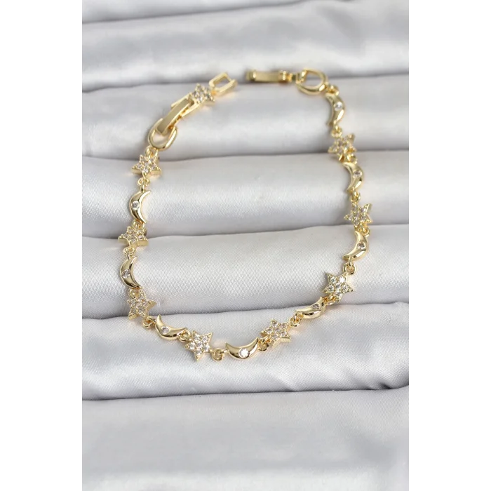 Pirinç Gold Renk Zirkon Taşlı Ay ve Yıldız Model Kadın Bileklik
