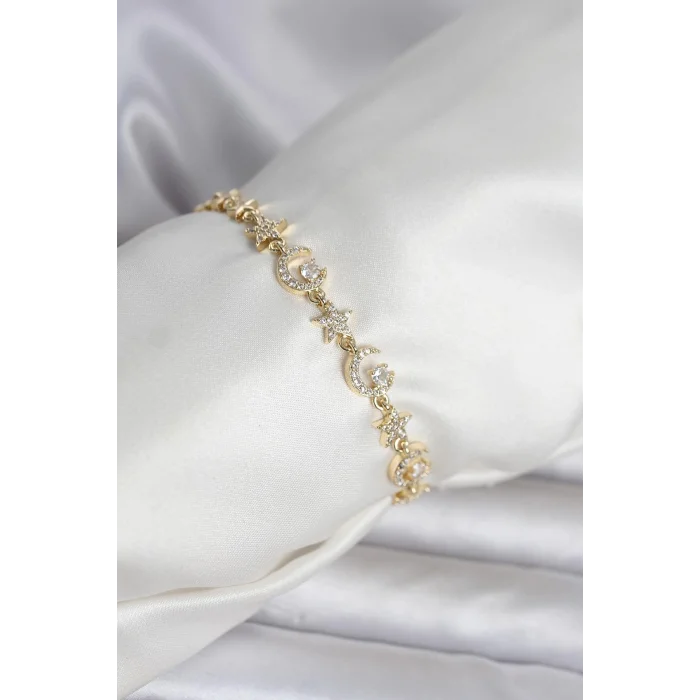 Pirinç Gold Renk Zirkon Taşlı Ay ve Yıldız Model Kadın Bileklik