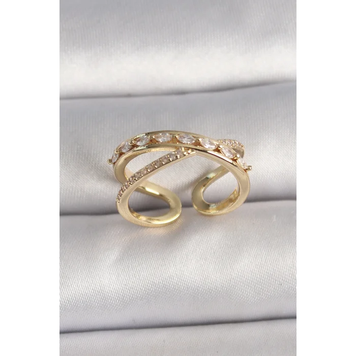 Pirinç Gold Renk Zirkon Taşlı Ayarlanabilir Kadın Yüzük