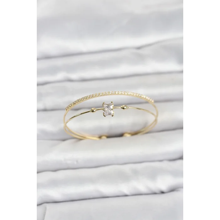 Pirinç Gold Renk Zirkon Taşlı Baget Model Kadın Bileklik