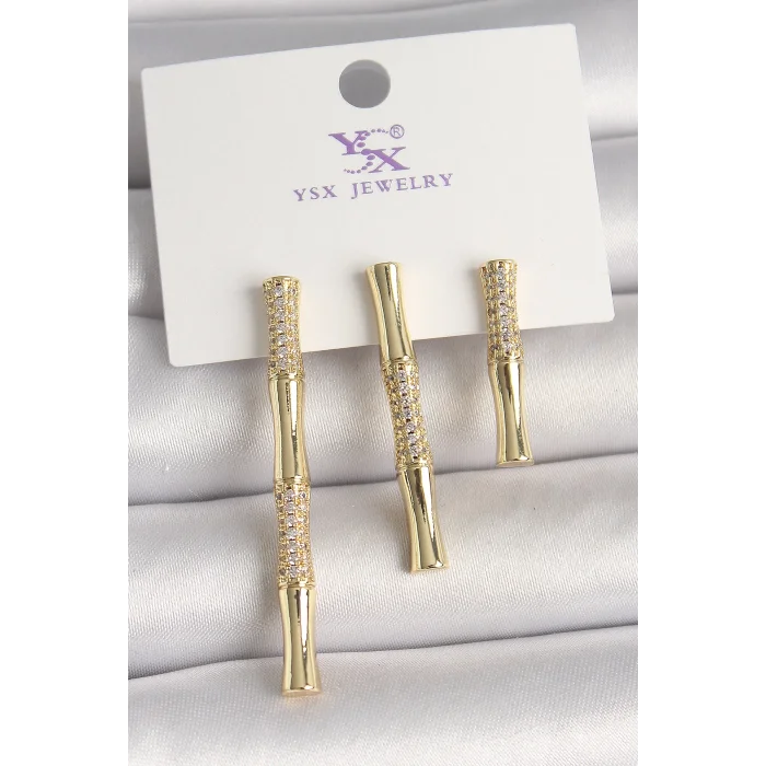 Pirinç Gold Renk Zirkon Taşlı Bambu Model 3Lü Kadın Kombin Küpe