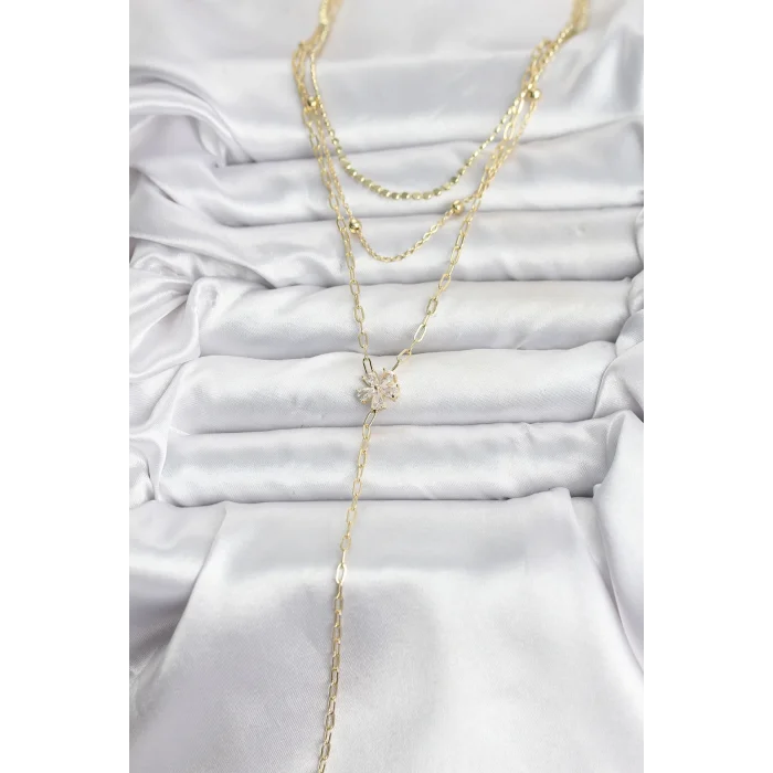 Pirinç Gold Renk Zirkon Taşlı Çiçek Model Detaylı 3lü Kombin Y Kadın Kolye