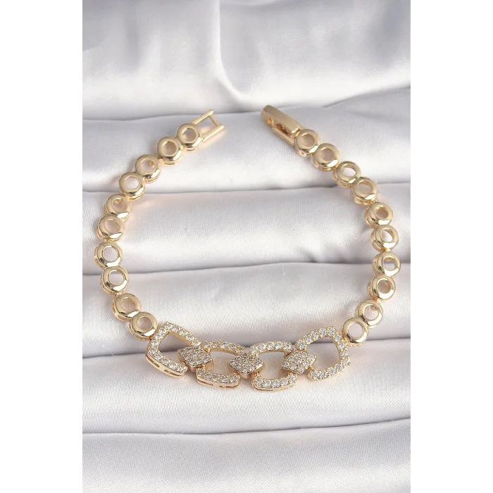 Pirinç Gold Renk Zirkon Taşlı Daire Zincir Model Kadın Bileklik