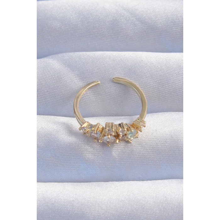 Pirinç Gold Renk Zirkon Taşlı Damla Detay Ayarlanabilir Yüzük