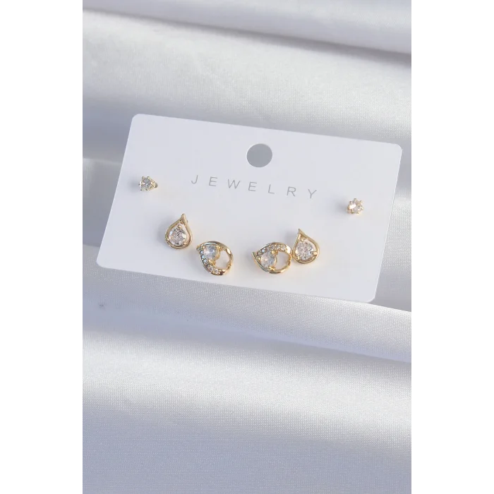 Pirinç Gold Renk Zirkon Taşlı Damla Model Küpe Seti