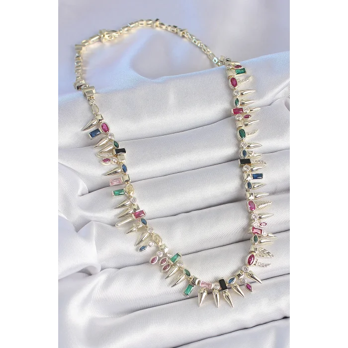 Pirinç Gold Renk Zirkon Taşlı Diken Model VIP Seri Kadın Kolye