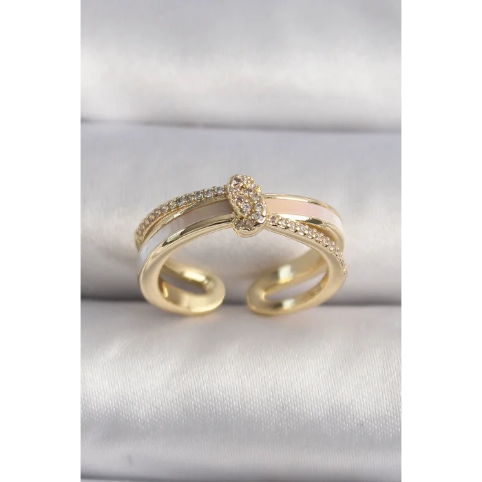 Pirinç Gold Renk Zirkon Taşlı Düğüm Model VIP Seri Kadın Yüzük
