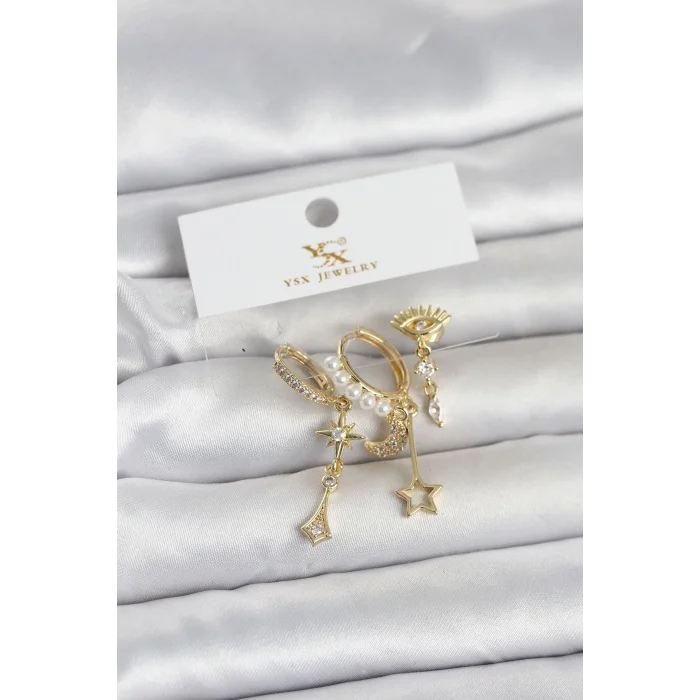 Pirinç Gold Renk Zirkon Taşlı Gece Temalı 3lü Kadın Küpe