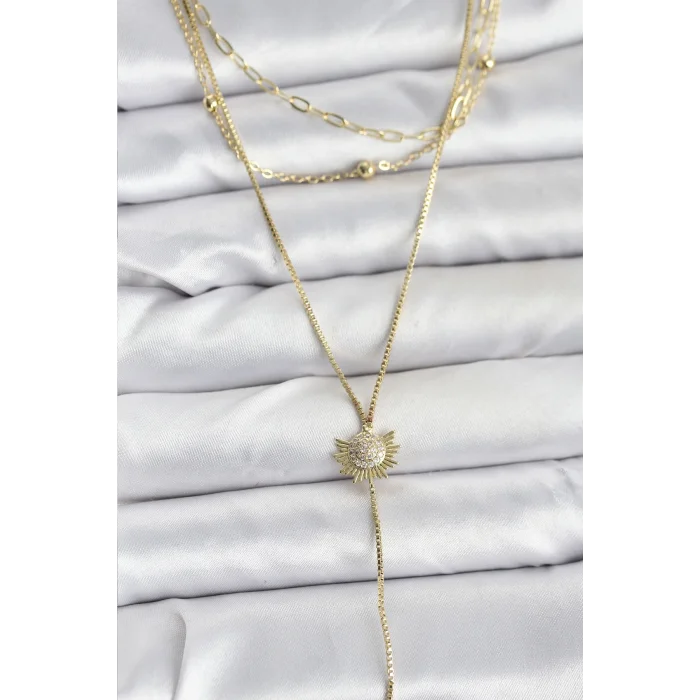 Pirinç Gold Renk Zirkon Taşlı Güneş Model Detaylı 3lü Kombin Y Kadın Kolye