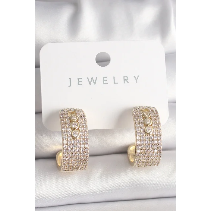Pirinç Gold Renk Zirkon Taşlı Halka Messika Model Kadın Küpe