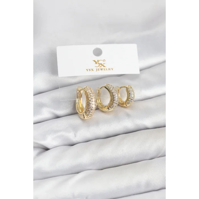 Pirinç Gold Renk Zirkon Taşlı Halka Model YSX Trio Küpe Seti