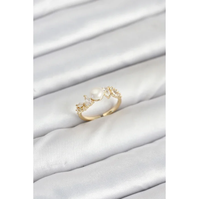 Pirinç Gold Renk Zirkon Taşlı İncili Model Kadın Yüzük