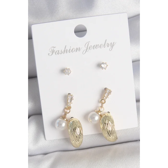 Pirinç Gold Renk Zirkon Taşlı İncili Sallantılı İşlemeli Damla Model 3 Çift Kadın Küpe Seti