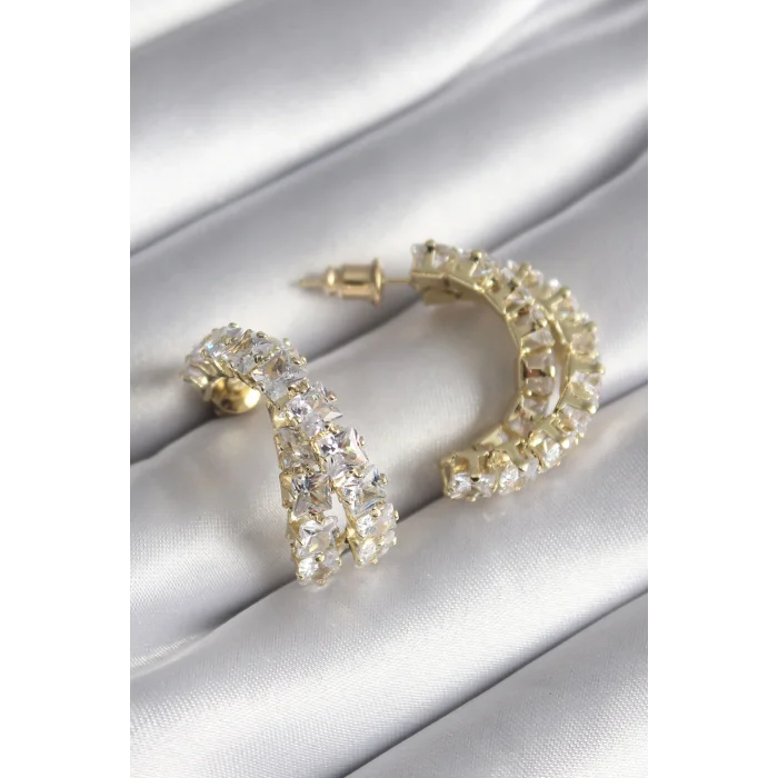 Pirinç Gold Renk Zirkon Taşlı Kadın Küpe