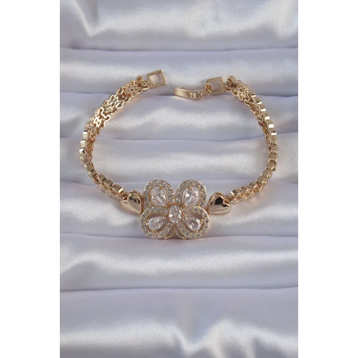 Pirinç Gold Renk Zirkon Taşlı Kelebek Figürlü Parçalı Model Bileklik