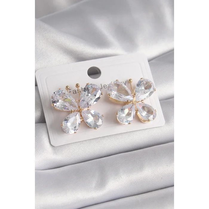 Pirinç Gold Renk Zirkon Taşlı Kelebek Model Kadın Küpe