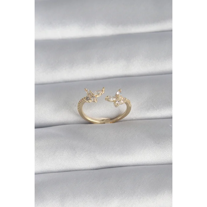 Pirinç Gold Renk Zirkon Taşlı Kelebek Model Kadın Yüzük
