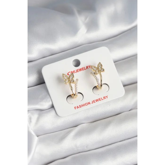 Pirinç Gold Renk Zirkon Taşlı Kelebek Model Kadın Küpe