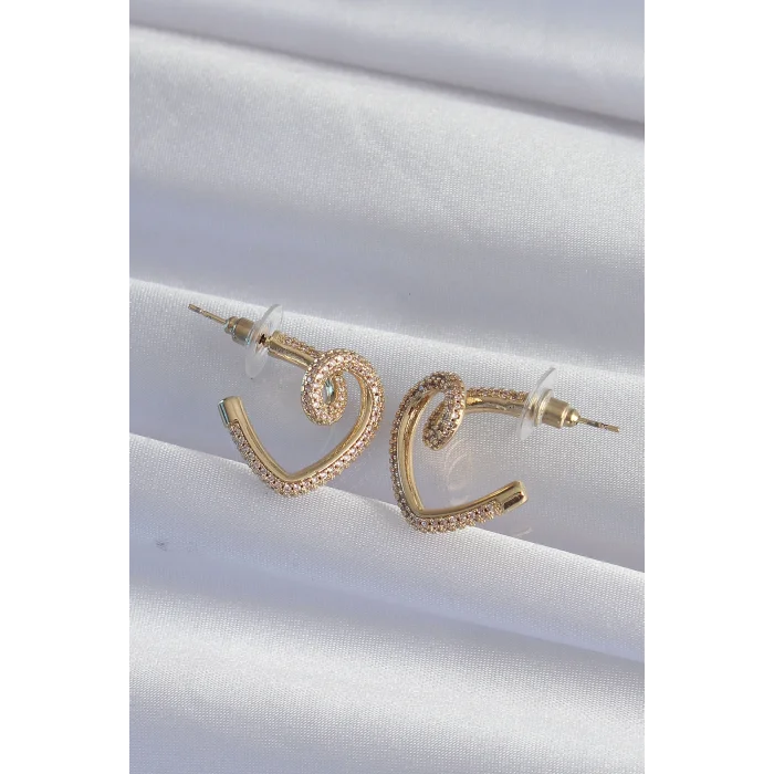 Pirinç Gold Renk Zirkon Taşlı Kıvrımlı Yarım Kalp Küpe