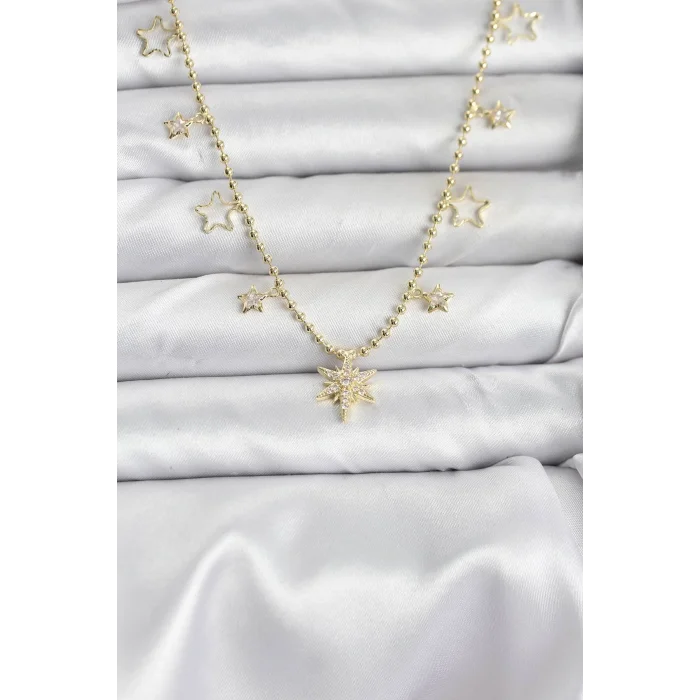 Pirinç Gold Renk Zirkon Taşlı Kutup Yıldızı Model Kadın Kolye