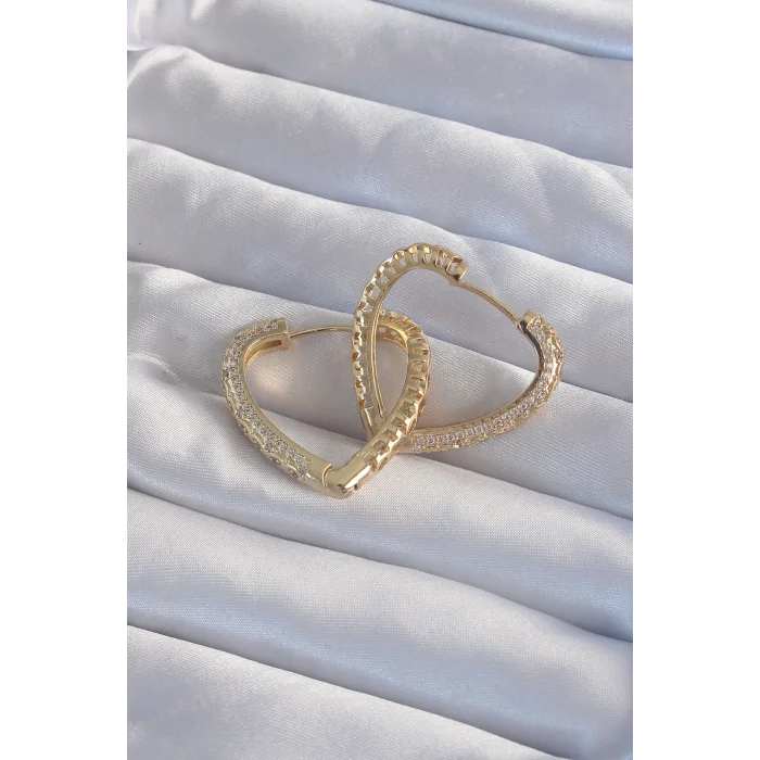 Pirinç Gold Renk Zirkon Taşlı Motifli Kalp Küpe