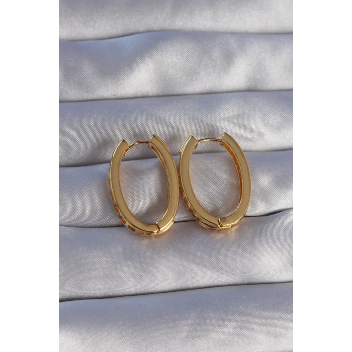 Pirinç Gold Renk Zirkon Taşlı Oval Model Küpe