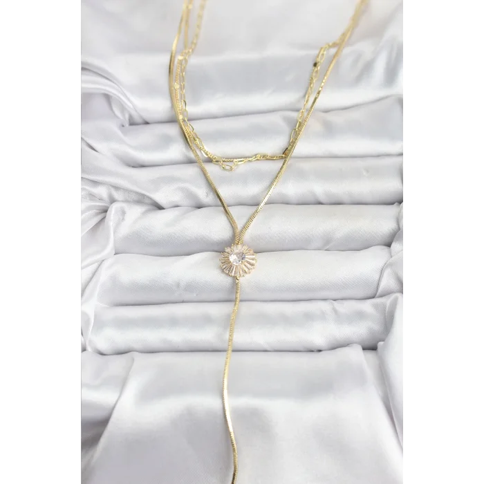 Pirinç Gold Renk Zirkon Taşlı Papatya Model Detaylı 3lü Kombin Y Kadın Kolye