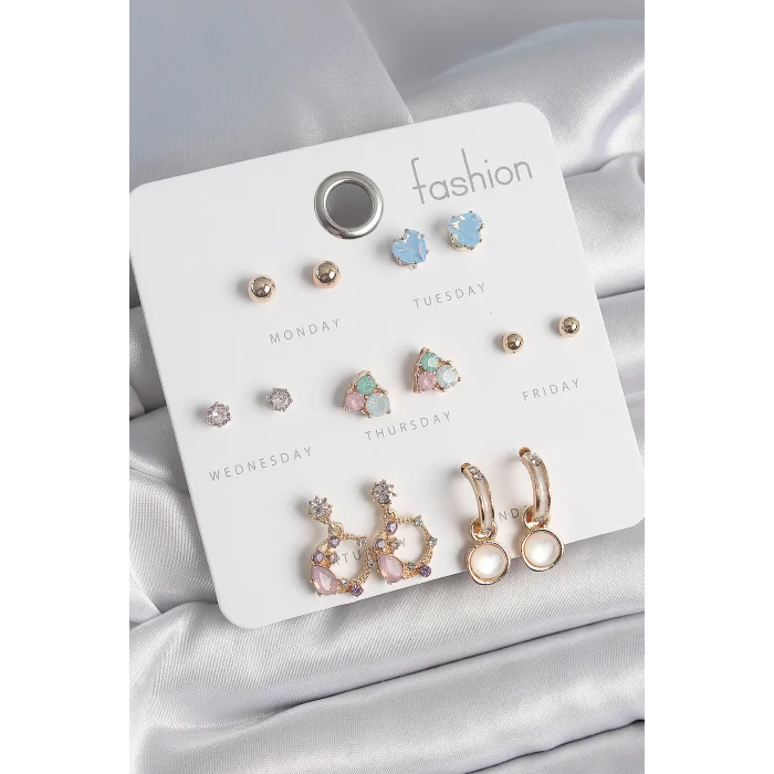 Pirinç Gold Renk Zirkon Taşlı Sallantı Halka Figür Kalp Detay 7 Çift Kadın Küpe