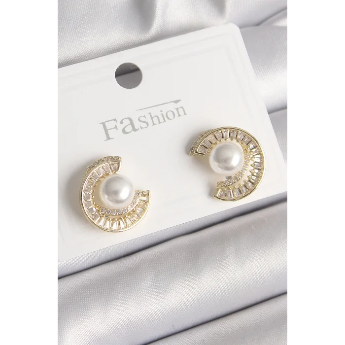 Pirinç Gold Renk Zirkon Taşlı Salyangoz Model İnci Detay Kadın Küpe