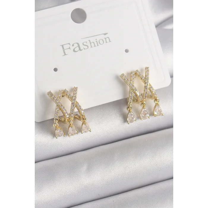 Pirinç Gold Renk Zirkon Taşlı X Model Sallantı Detay Kadın Küpe