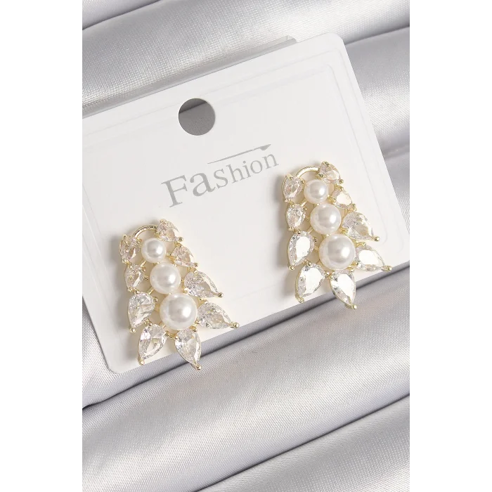 Pirinç Gold Renk Zirkon Taşlı Yaprak Model İnci Detay Kadın Küpe