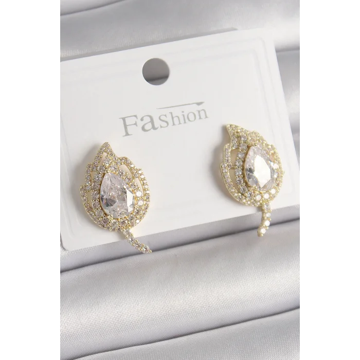 Pirinç Gold Renk Zirkon Taşlı Yaprak Model Kadın Küpe