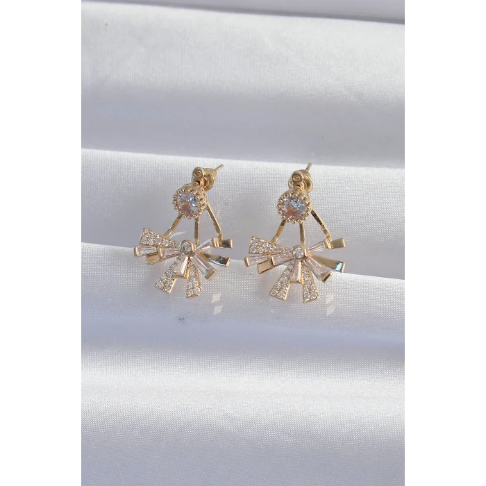 Pirinç Gold Renk Zirkon Taşlı Yassı Fiyonk Model Küpe