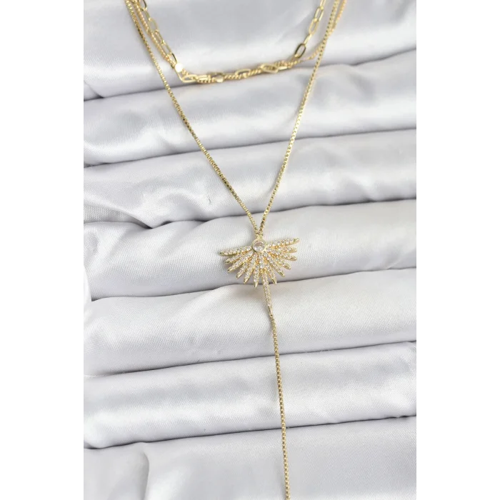 Pirinç Gold Renk Zirkon Taşlı Yelpaze Model Detaylı 3lü Kombin Y Kadın Kolye