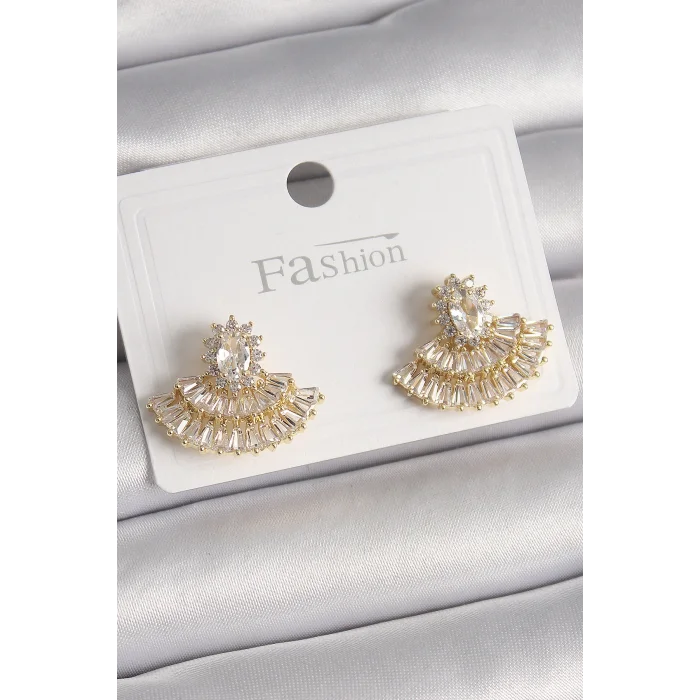 Pirinç Gold Renk Zirkon Taşlı Yelpaze Model Kadın Küpe