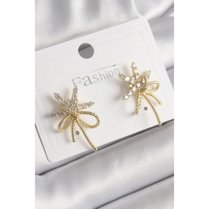 Pirinç Gold Renk Zirkon Taşlı Yıldız Düğüm Model Kadın Küpe