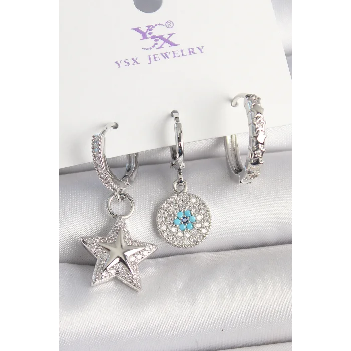 Pirinç Gold Renk Zirkon Taşlı Yıldız Model Nazar Boncuk Detay 3Lü Kadın Kombin Küpe