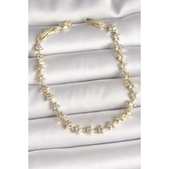 Pirinç Gold Renk Zirkon Taşlı Yıldız Model VIP Seri Kadın Bileklik